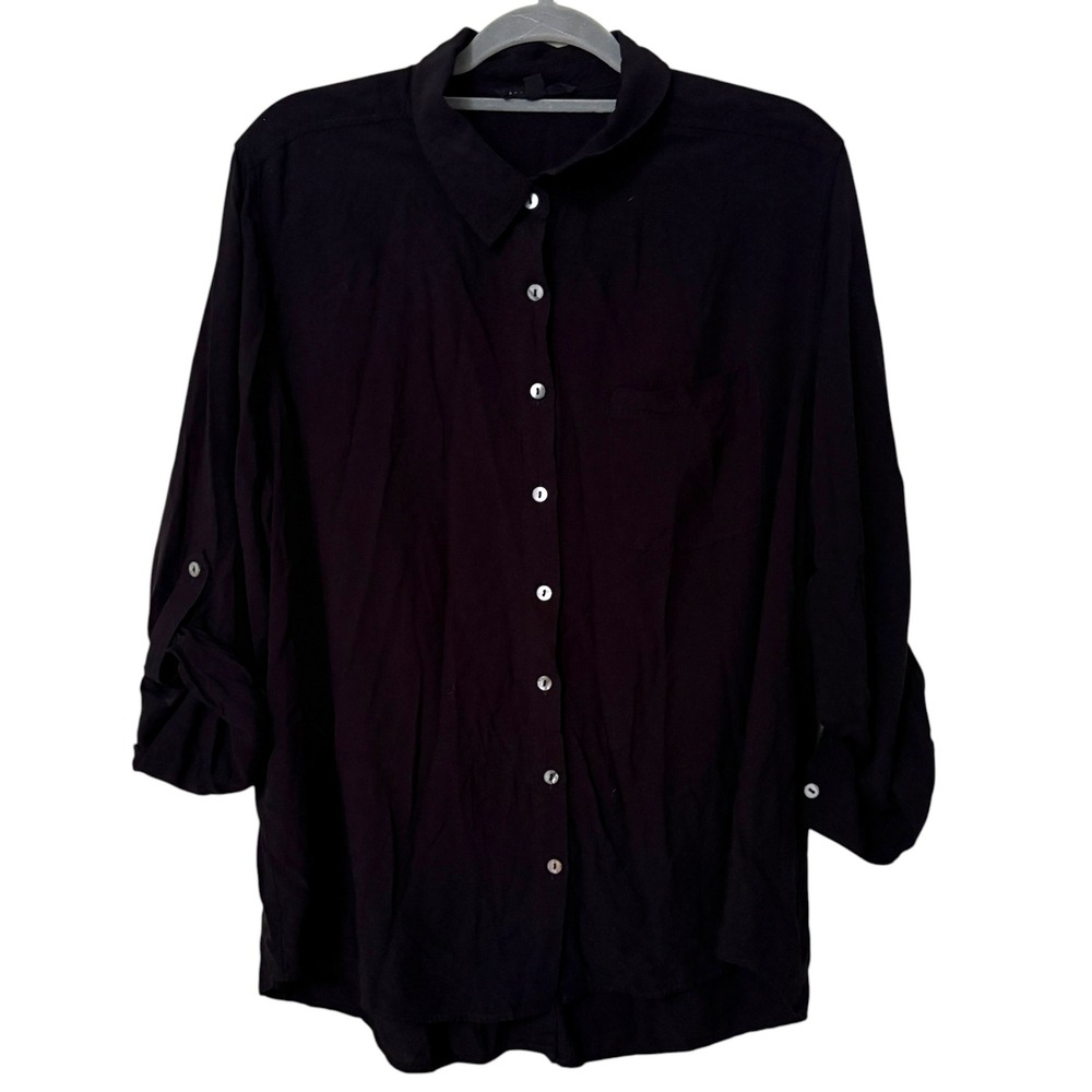 Jane + Delancey Womens 1X Blouse‎ Black Roll Tab Sleeve Back Button Detail